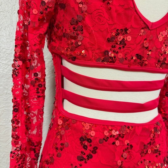 Balera Dance Costume Streak Lace Dress Adult L Red Sequin Sheer D10125 Weissman - Picture 8 of 14